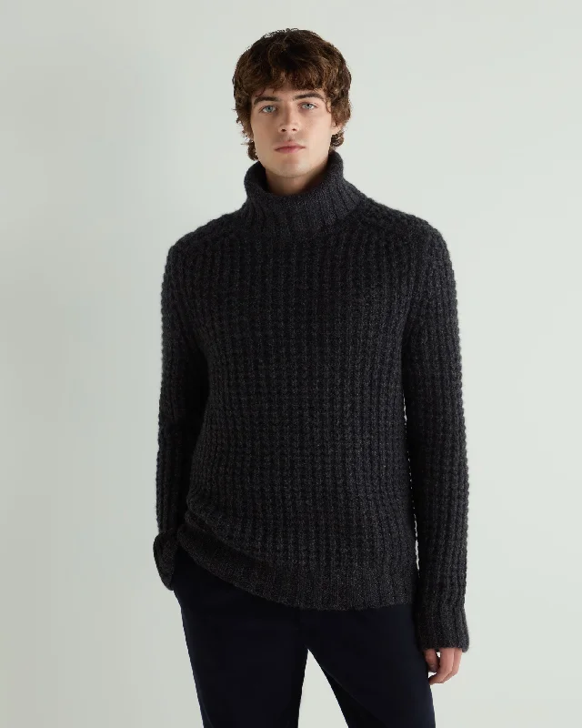 Closeout Men's Chunky Moss Stitch Turtle Neck Cashmere Sweater Granite Grey