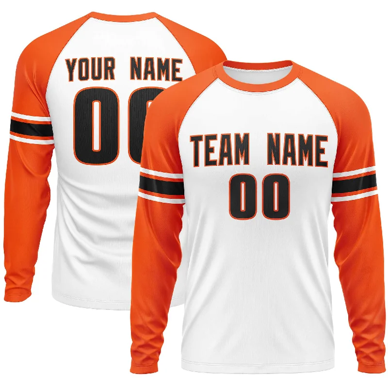 Massive Deals Custom White Orange Black Crew Neck Personalized Raglan Long Sleeve Performance T-shirt Massive Deals Custom White Orange Black Crew Neck Personalized Raglan Long Sleeve Performance T-shirt