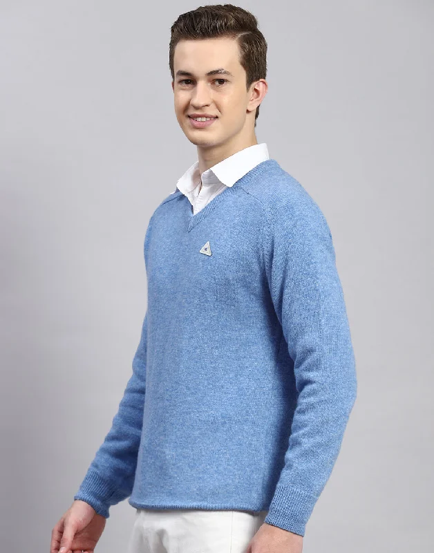 Price Rollback Men Blue Solid V Neck Full Sleeve Pullover