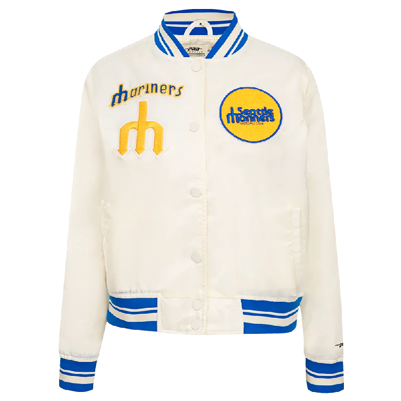 Mega Discount MLB SEATTLE MARINERS RETRO CLASSIC WOMEN'S RIB SATIN JACKET (EGGSHELL/ROYAL BLUE) Mega Discount MLB SEATTLE MARINERS RETRO CLASSIC WOMEN'S RIB SATIN JACKET (EGGSHELL/ROYAL BLUE)