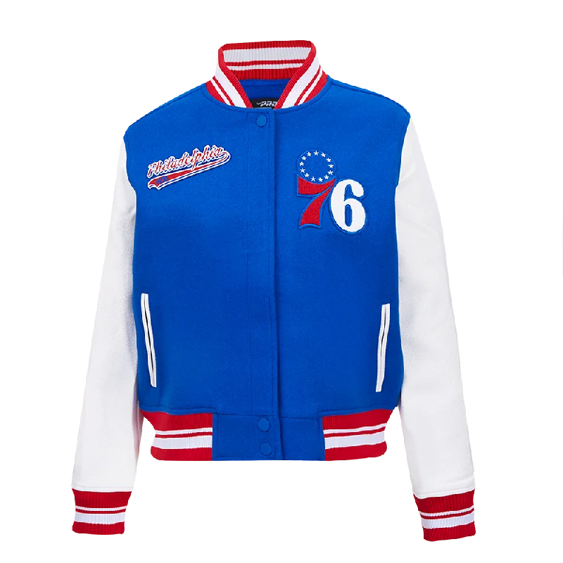 Savings Galore NBA PHILADELPHIA 76ers SCRIPT TAIL WOMEN'S WOOL VARSITY JACKET (ROYAL BLUE/RED) Savings Galore NBA PHILADELPHIA 76ers SCRIPT TAIL WOMEN'S WOOL VARSITY JACKET (ROYAL BLUE/RED)