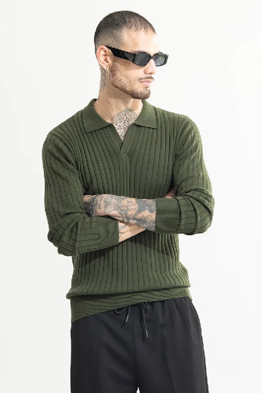 Year-End Clearance Chunky Ribbed Knitted Olive Polo T-Shirt