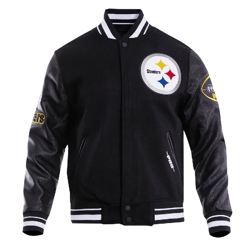 Overstock Clearance NFL PITTSBURGH STEELERS OLD ENGLISH WOOL MEN'S VARSITY JACKET (BLACK) Overstock Clearance NFL PITTSBURGH STEELERS OLD ENGLISH WOOL MEN'S VARSITY JACKET (BLACK)